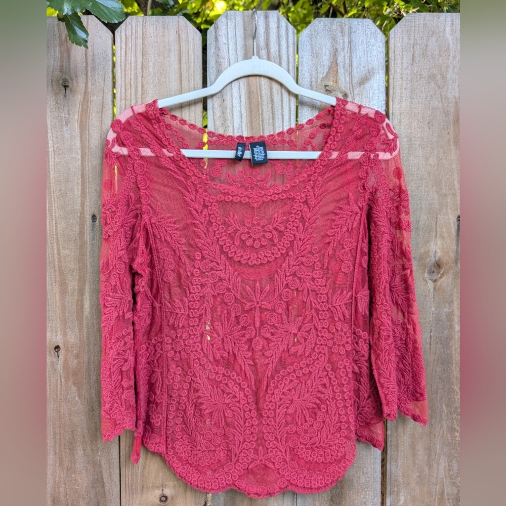 Ultra Flirt Y2K Red Sheer Floral Embroidered Lace 3/4 Sleeve Shirt